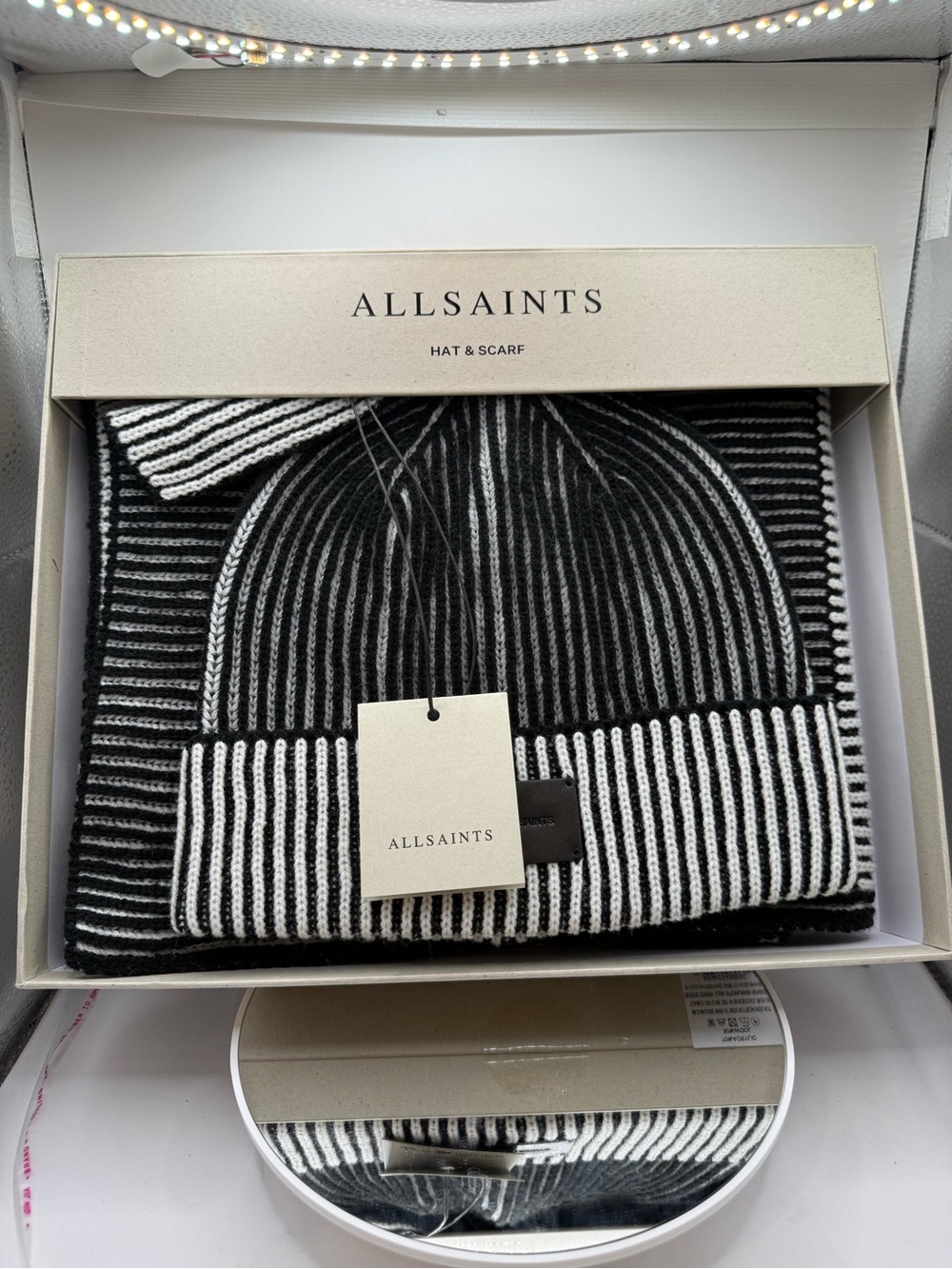 AllSaints Black & White Ribbed Knit Beanie and Scarf Set - NWT